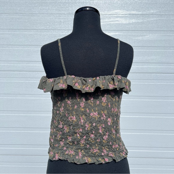 American Eagle Green Smocked Floral Crop Tank Top, XL - Picture 2 of 9